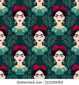 Beautiful mexican woman vector seamless pattern