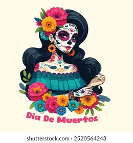 A beautiful mexican woman wears day of the dead colorful makeup and puts flower around the head. 