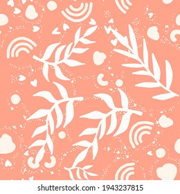 Beautiful Mid- Century Boho style Pattern with Palm Branches. Repeating Vector Design in warm color palette.