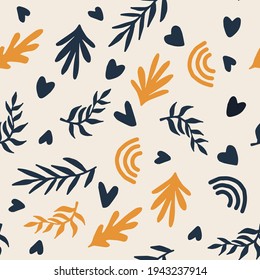Beautiful Mid- Century Boho style Pattern with Palm Branches. Repeating Vector Design in warm color palette.
