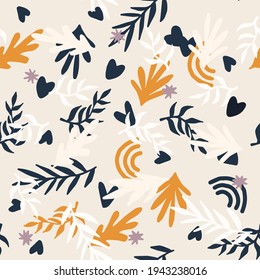 Beautiful Mid- Century Boho style Pattern with Palm Branches. Repeating Vector Design in warm color palette.