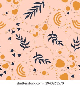 Beautiful Mid- Century Boho style Pattern with Palm Branches. Repeating Vector Design in warm color palette.