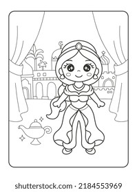 beautiful middle east princess with magic lamp printable coloring page