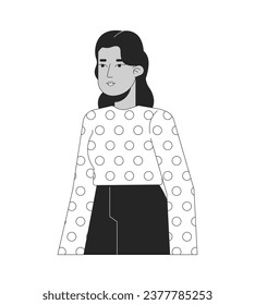 Beautiful middle eastern adult woman posing black and white 2D line cartoon character. Female corporate worker casual isolated vector outline person. Relaxed monochromatic flat spot illustration