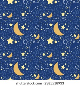 Beautiful midnight sky cartoon seamless pattern vector. Moon and stars vector on blue background. Design for fabric, pajama, night suit, nightdress, sleepwear, wallpaper, crafting tape, children cloth