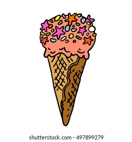 The beautiful milk ice cream. Stars colorful icing. Vector graphic art. Traditional food logo for design for bakery and cafe. Sugar waffle cone.