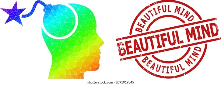 BEAUTIFUL MIND corroded stamp seal, and low-poly spectrum colored bomb idea icon with gradient. Red seal has Beautiful Mind text inside circle and lines shape.