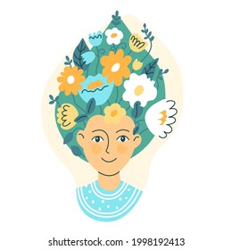 Beautiful mind, mental health concept, recovery from illness, brain development, woman's head with flowers, vector illustration