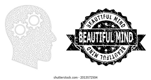 Beautiful Mind unclean seal and vector head gears mesh structure. Black stamp seal contains Beautiful Mind title inside ribbon and rosette. Abstract flat mesh head gears, designed with flat mesh.