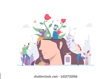 Beautiful Mind Vector Illustration Concept Showing a beautiful flower garden inside a pretty female head, Suitable for landing page, ui, web, App intro card, editorial, flyer, and banner.