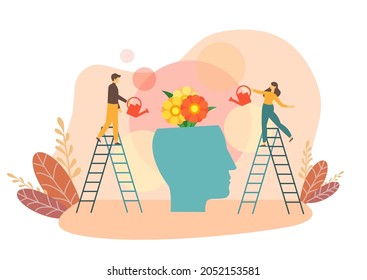 Beautiful Mind Vector Illustration Concept Showing a beautiful flower garden inside a pretty head, Suitable for landing page, ui, web, App intro card, editorial, flyer, and banner.