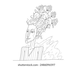 Schöne Person, Vektorillustration einer netten und ruhigen Frau mit Blumen, die von ihrem Kopf wachsen, Metapher einer guten psychologischen entwickelten ungiftigen Person.