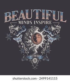 Beautiful minds inspire others .Follow the route.Retro 70's psychedelic hippie element illustration print with groovy slogan for man - woman graphic tee t shirt or sticker poster - Vector