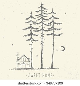 Beautiful minimalist background of amazing tall pines and house. Hand drawn sketch. Stylish vector illustration