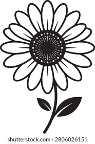 A beautiful and minimalist black and white vector illustration of a blooming sunflower (or daisy flower). This clean line art design features a detailed circular core with radial patterns, elegant petals, a curved stem, and two distinct leaves. Perfect for summer themes, greeting cards, tattoos, logos, coloring pages, and modern botanical decorations.