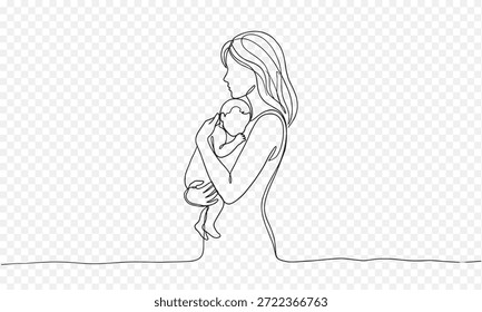 A beautiful minimalist continuous line drawing depicting the tender bond between a mother and her newborn baby, symbolizing love and care.