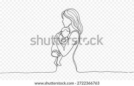 A beautiful minimalist continuous line drawing depicting the tender bond between a mother and her newborn baby, symbolizing love and care.