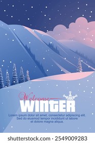 Schöner, minimalistischer und eleganter Winter-Themenhintergrund eines kalten und verschneiten Berggipfels. Diese Illustration ist bereit, Ihre verschiedenen visuellen Bedürfnisse zu unterstützen.