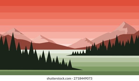 Um belo minimalista, design plano vetor ilustração de uma paisagem de montanha ao pôr do sol ou ao nascer do sol. A cena apresenta um lago claro, abetos densos de pinheiros no primeiro plano e montanhas geométricas, todos colocados contra um céu arrojado com grossas listras de gradiente horizontal em tons de vermelho, laranja e terra. Ideal para banners de sites, planos de fundo de mídias sociais, cartazes sobre a natureza ou design com temas externos.