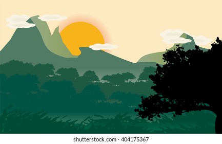 Beautiful minimalist landscape design with tree silhouette in front.