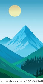 Beautiful minimalist mountain landscape illustration with tall blue peaks, pine trees, green hills, and bright sun in a clear blue sky.