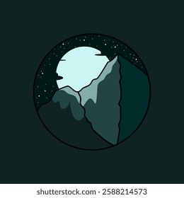 Beautiful and minimalist mountain and moon design with starry sky, landscape design in circle