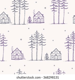 Beautiful minimalist seamless pattern with amazing tall pines and house. Hand drawn sketch. Stylish vector illustration