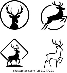 beautiful minimalist vector emblem featuring a front-facing stag head with majestic symmetrical antlers enclosed inside a clean circle frame. Ideal for outdoor lifestyle brands, modern apparel, and microbreweries.