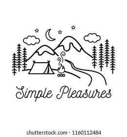 Beautiful minimalist vector illustration - camping in a forest, Simple Pleasures