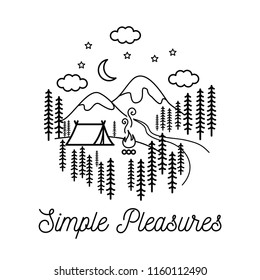 Beautiful minimalist vector illustration - camping in a forest, Simple Pleasures