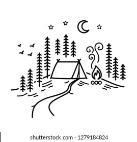 Beautiful minimalist vector illustration - camping in a forest