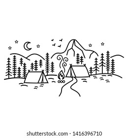 Beautiful minimalist vector illustration - camping in a forest