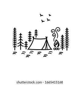 Beautiful minimalist vector illustration - camping in a forest