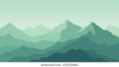 Uma bela ilustração vetor minimalista com cadeias de montanhas em camadas em uma paleta monocromática de azul-petróleo, verde-hortelã e cinza, criando um efeito atmosférico e nebuloso. Esta paisagem tranquila e estética é perfeita para fundos, banners, cartazes da natureza, papel de parede, ou projetos de design que precisam de um tema sereno, moderno ao ar livre com profundidade.