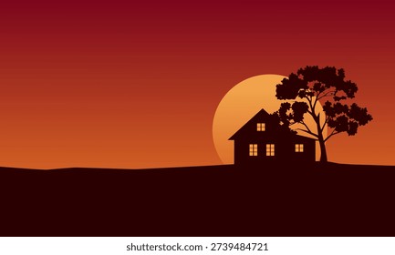 Beautiful minimalist vector illustration featuring a countryside house silhouette with glowing windows and a large tree against a warm sunset sky. Ideal for home, countryside lifestyle, evening scenery backgrounds, posters, and storytelling designs.