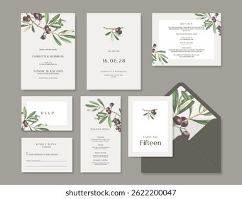 Hermosa y minimalista Plantilla de la suite nupcial con una delicada ilustración de rama de olivo.