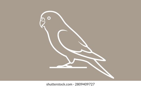 Beautiful minimalist white line drawing of a cute budgerigar parakeet bird perched calmly on warm brown background.