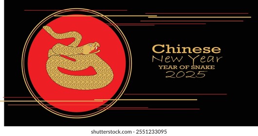 uma bela e minimalista bandeira chinesa de ano novo 2025 com uma cobra dourada sobre um fundo preto, simbolizando a prosperidade e o ano da cobra.