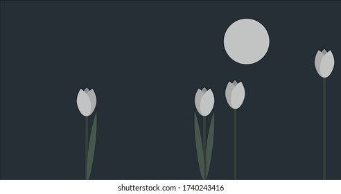 Beautiful minimalistic illustration with tulips and moon or sun. Postcard, packaging or cover in the style of paper applique. Geometric elements in pastel colors and shadow. EPS 10
