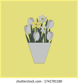 Beautiful minimalistic illustration with tulips and narcissus. Postcard, packaging or cover in the style of paper applique. Geometric elements in pastel colors. EPS 10
