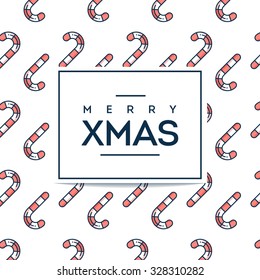 Beautiful minimalistic Merry Xmas card with candy cane seamless pattern, flat design thin line style, vector illustration