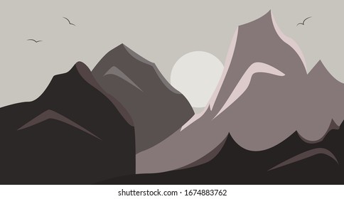 Beautiful minimalistic mountain view landscape with flying birds on sunset.Can be used for travel or banner, poster design, desktop.