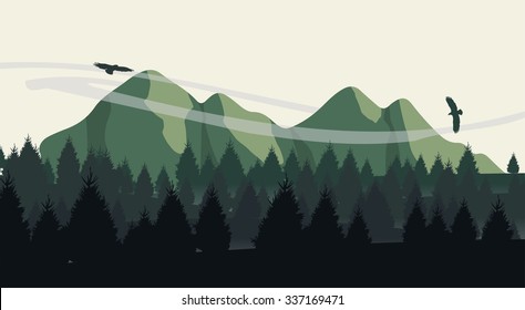 Beautiful minimalistic mountain view landscape with flying birds on sunset.