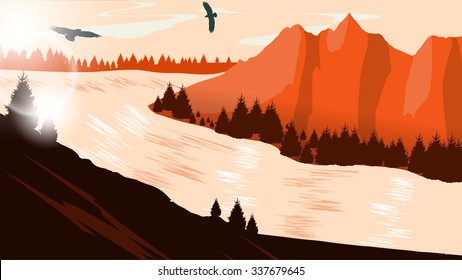 Beautiful minimalistic mountain view landscape with flying birds on sunset.