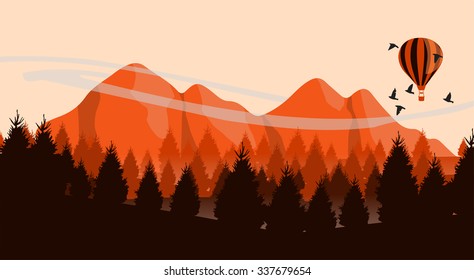 Beautiful minimalistic mountain view landscape with flying birds and balloon on sunset.