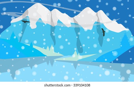 Beautiful minimalistic mountain view landscape with flying birds.