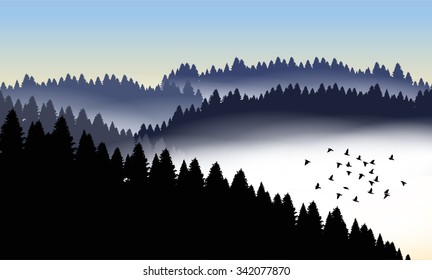 Beautiful minimalistic mountain view landscape with flying birds.