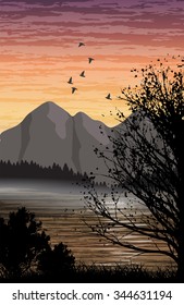 Beautiful minimalistic mountain view landscape with a lake on sunset.