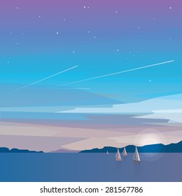 beautiful minimalistic ocean view on evening night landscape with sailing boats on the sea and airplane flights in the sky. Travel, adventure, tourism concept