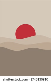 Hermoso afiche minimalista al estilo japonés. El sol naciente y las colinas nubladas. Naturaleza, desierto, arena, montañas. Ilustración armónica en colores pastel. Diseño de papel elegante
